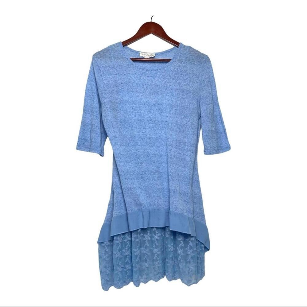 Womens Blue Lace Trim Slouchy Tunic Top Shirt Cottagecore Lagenlook Dainty M